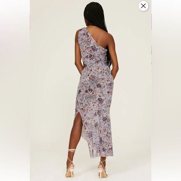 New MISA Los Angeles Aries Dress feathered floral one shoulder draped maxi L - Picture 3 of 15
